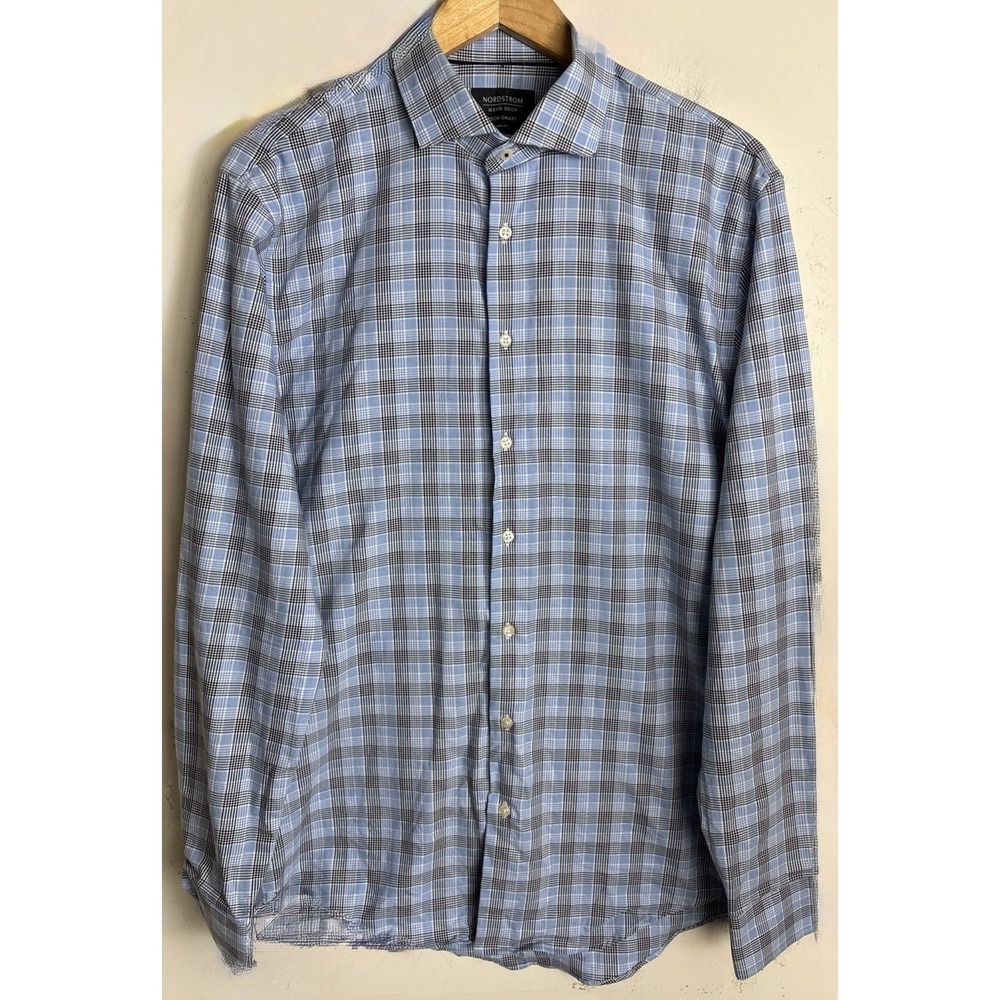 Nordstrom Tech Smart Plaid Trim Fit Dress Shirt Mens 15.5 34 35 Blue Classic